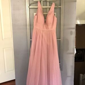 Jenny Yoo blush pink ￼v neck tulle long dress. Evening gown princess dress weddi
